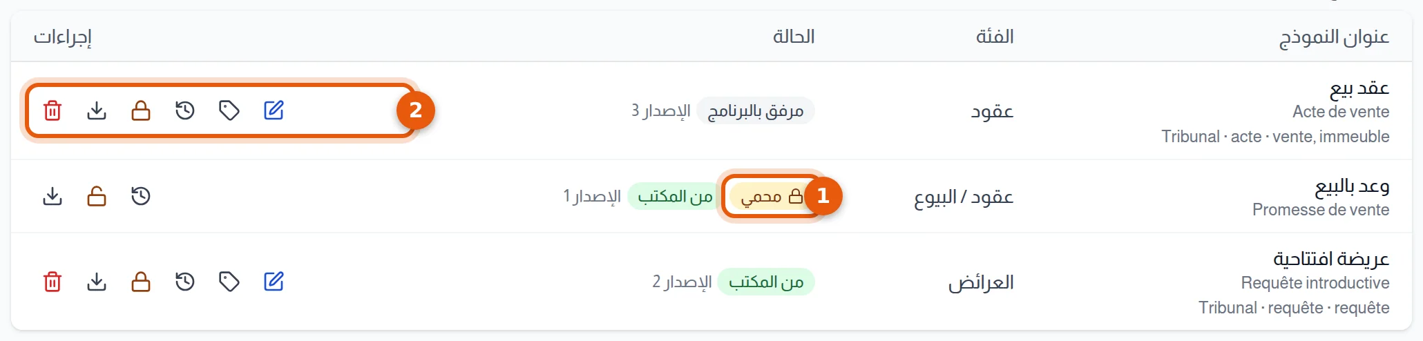 جدول النماذج: شارة محمي وإجراءات السطر مرقمتان 1 و2