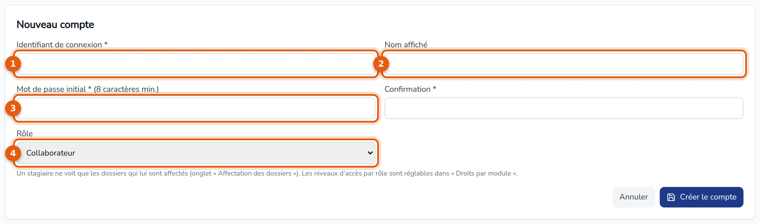 Formulaire Nouveau compte : identifiant, nom affiché, mot de passe initial et rôle numérotés de 1 à 4