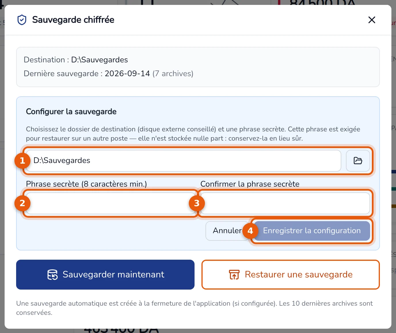 Bloc Configurer la sauvegarde : dossier de destination, phrase secrète, confirmation et bouton Enregistrer la configuration numérotés de 1 à 4