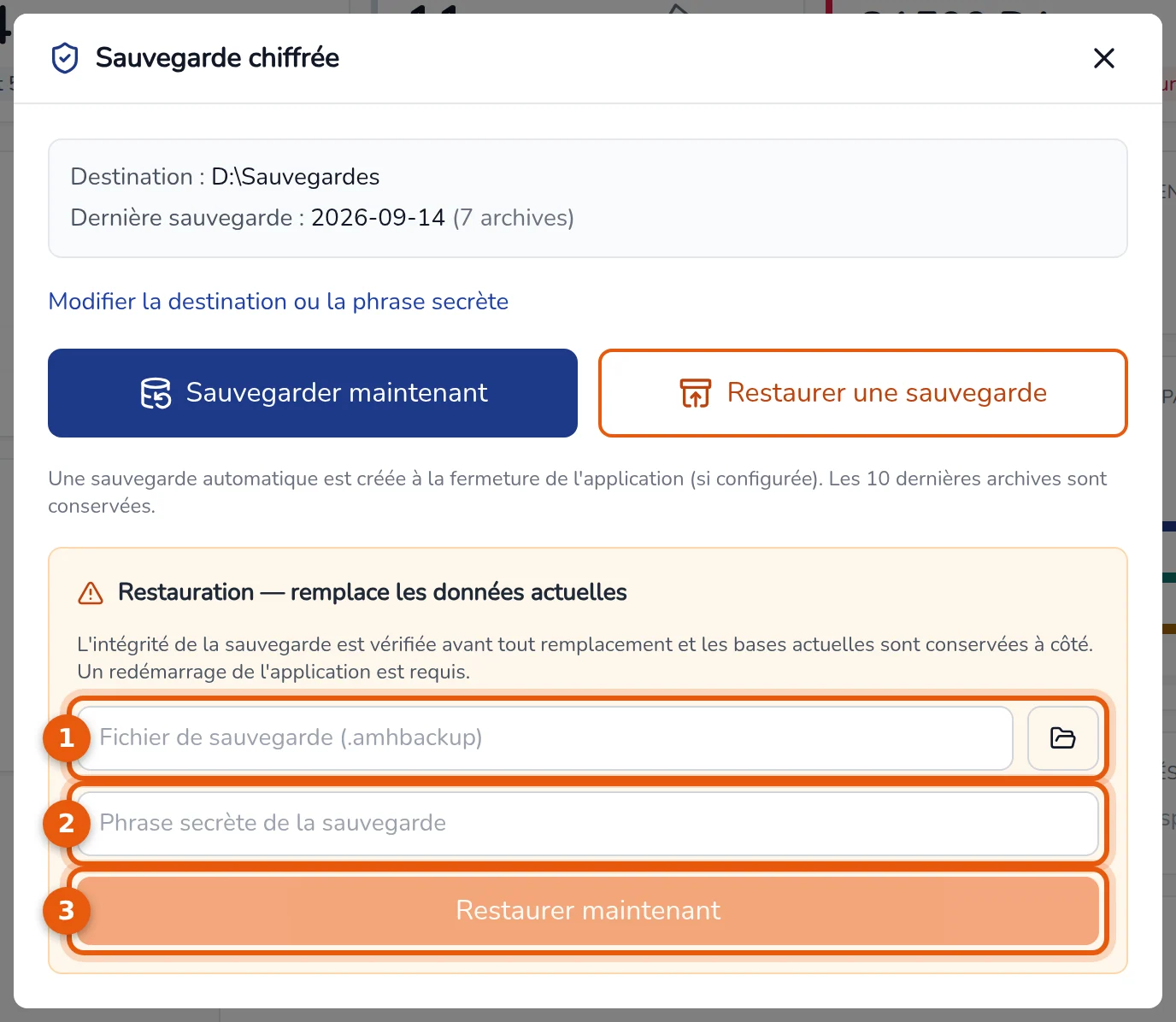 Bloc Restauration : fichier de sauvegarde, phrase secrète et bouton Restaurer maintenant numérotés de 1 à 3