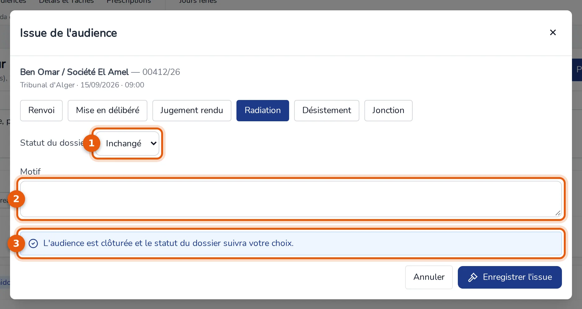 Fenêtre Issue de l'audience, issue Radiation : liste Statut du dossier, champ Motif et phrase annonçant la clôture de l'audience