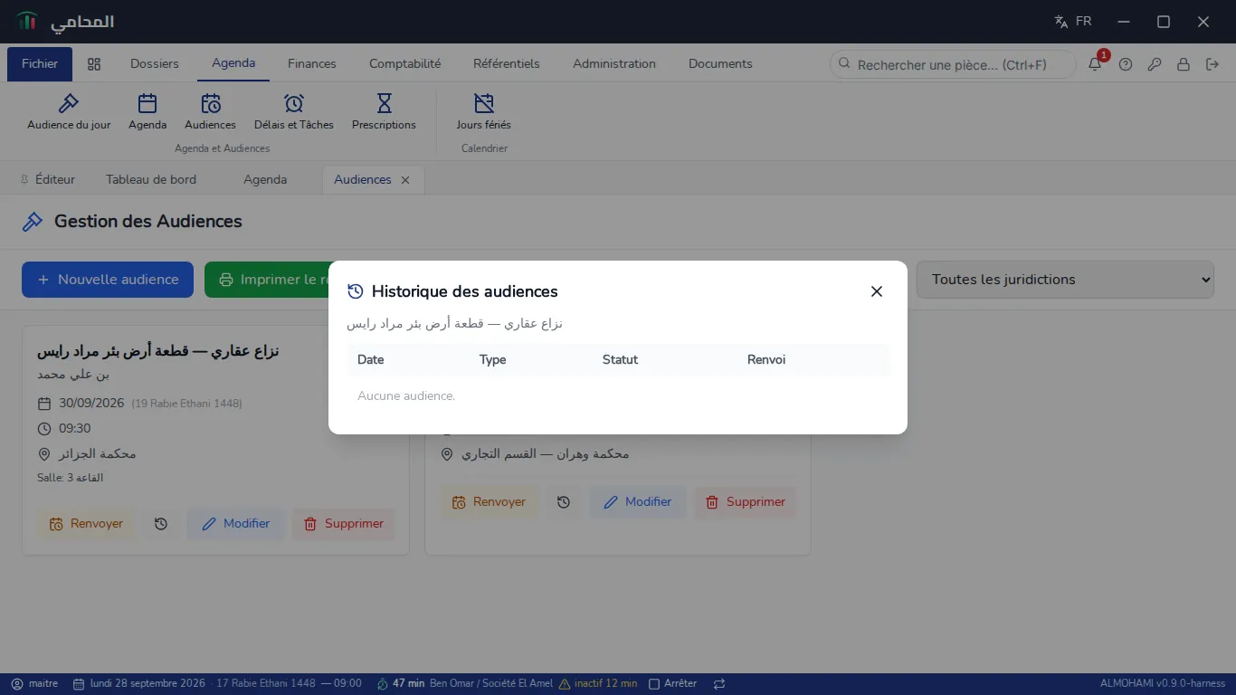 Fenêtre Historique des audiences : tableau Date, Type, Statut et Renvoi pour le dossier