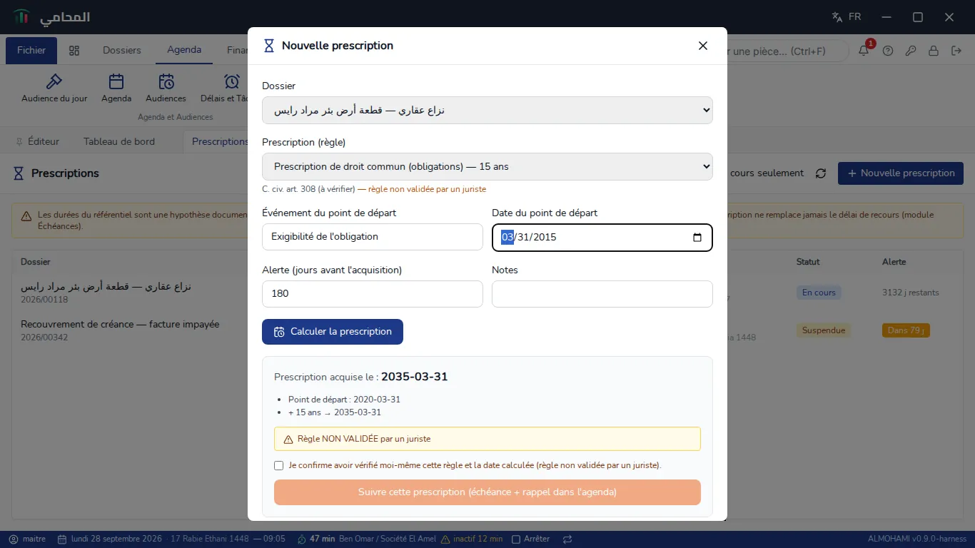 Fenêtre Nouvelle prescription, résultat du calcul : prescription acquise le, détail du calcul, avertissement de règle non validée et bouton Suivre cette prescription