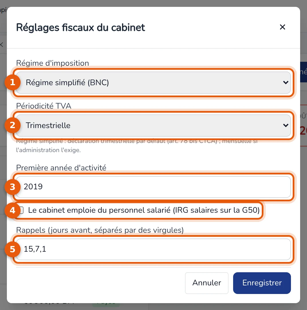 Fenêtre Réglages fiscaux du cabinet : régime, périodicité TVA, première année, personnel salarié et rappels numérotés de 1 à 5