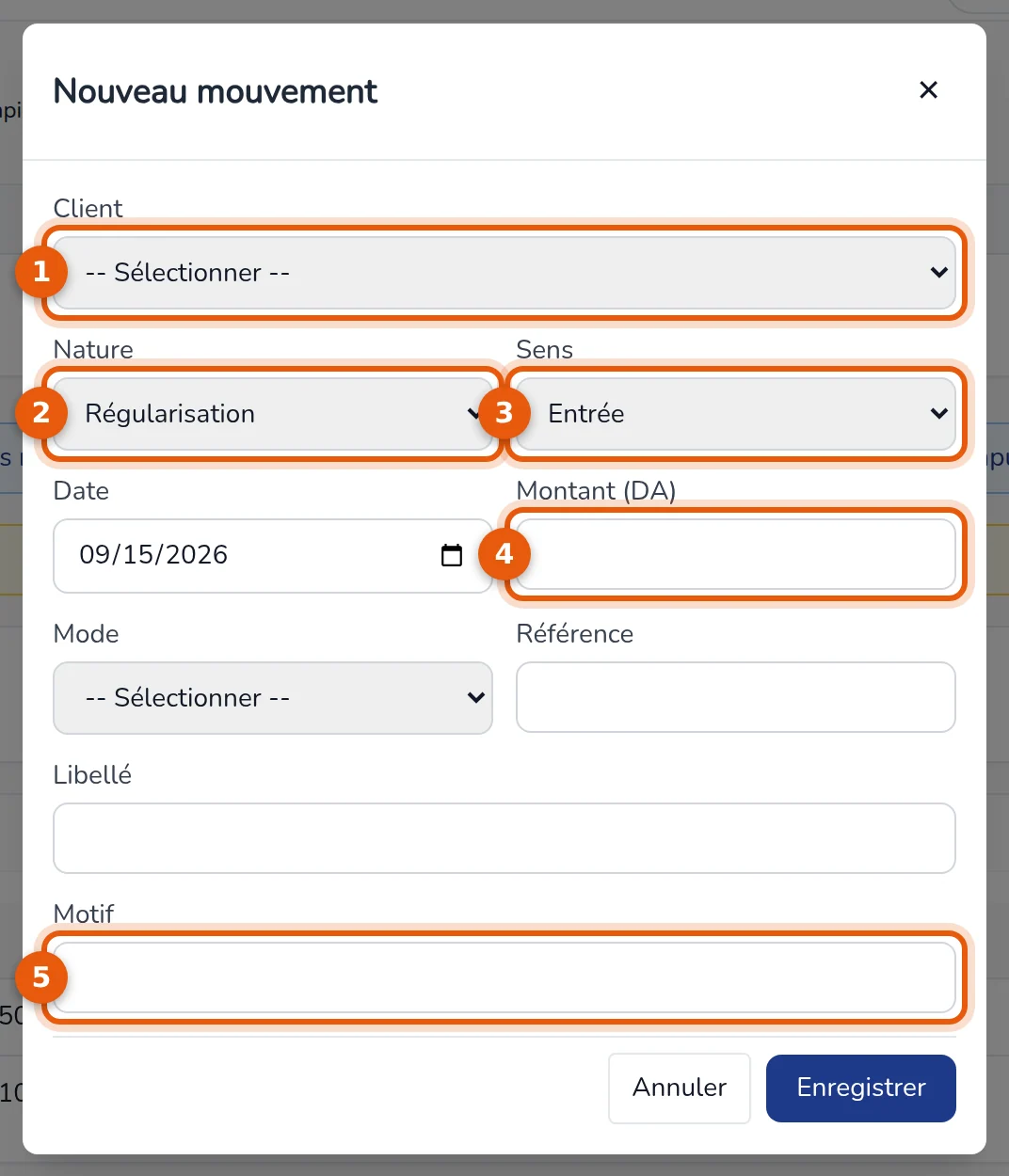 Fenêtre Nouveau mouvement, nature Régularisation : client, nature, sens, montant et motif numérotés de 1 à 5