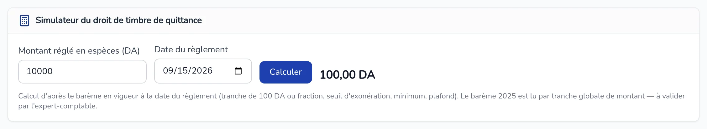 Simulateur du droit de timbre : montant réglé en espèces, date du règlement, bouton Calculer et résultat
