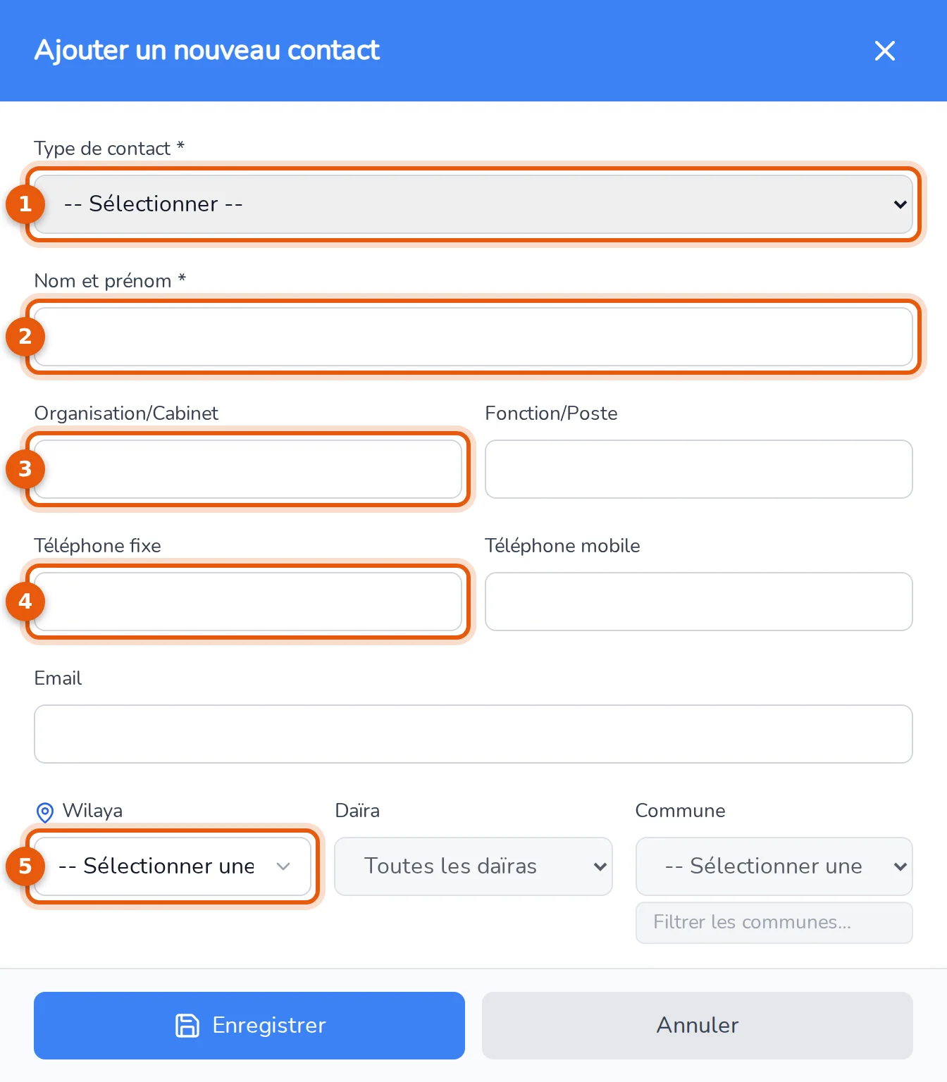 Panneau Ajouter un nouveau contact : type de contact, nom et prénom, organisation, téléphone fixe et wilaya numérotés de 1 à 5