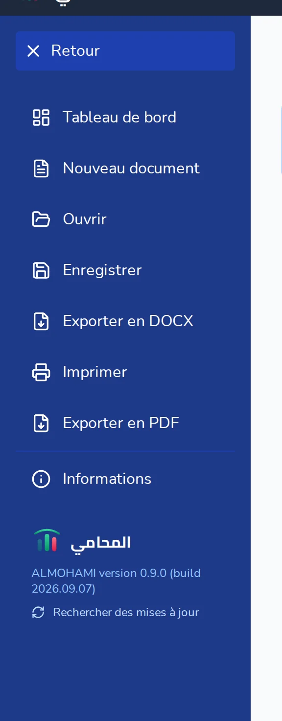 Menu Fichier : Tableau de bord, Nouveau document, Ouvrir, Enregistrer, Exporter DOCX, Imprimer, Exporter PDF, Informations, version