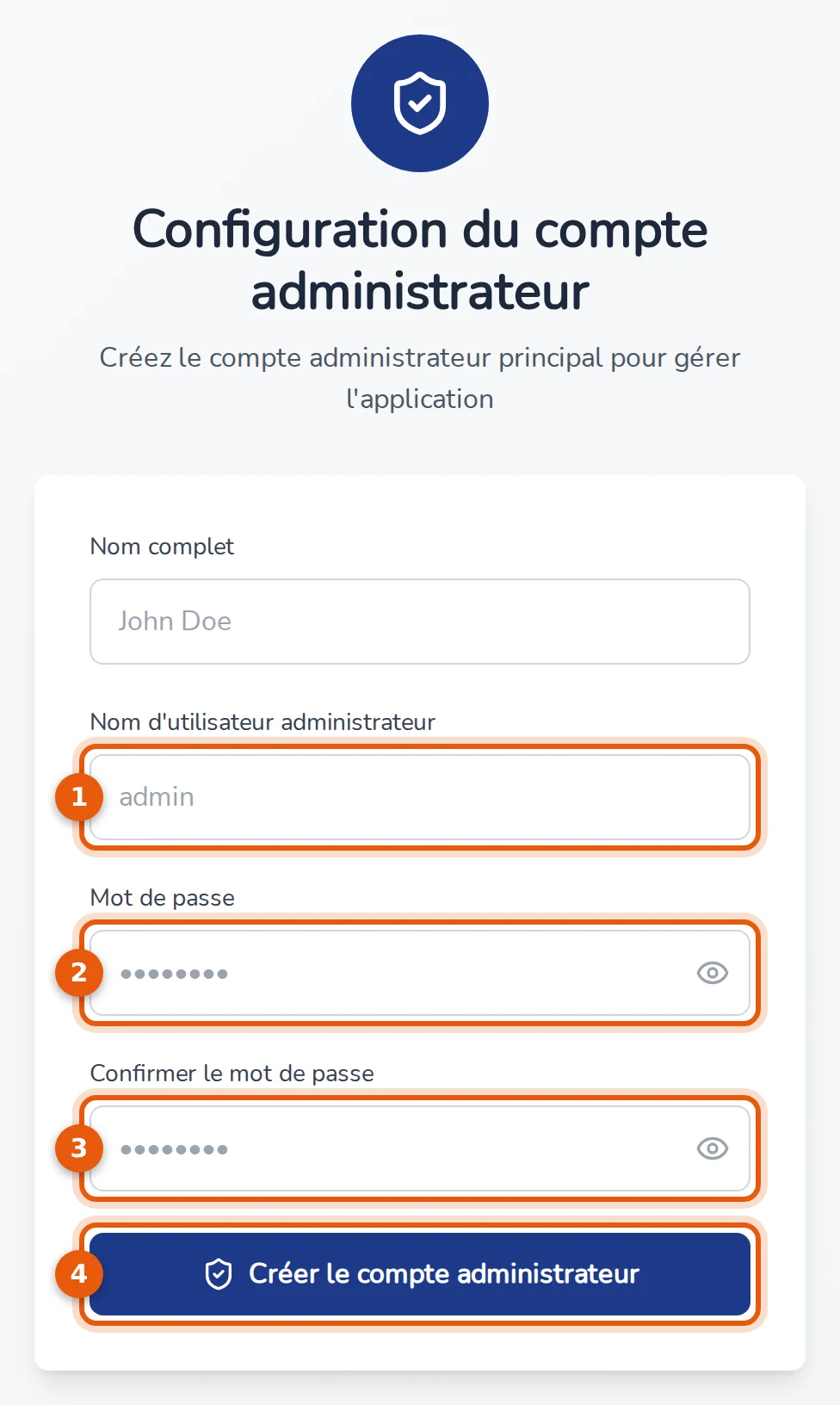 Écran Configuration du compte administrateur, champs numérotés de 1 à 4