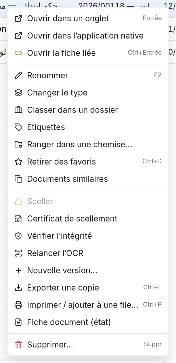 Menu contextuel d'une pièce, de « Ouvrir dans un onglet » à « Supprimer… »