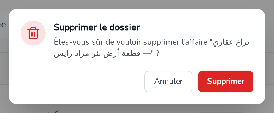 Boîte Supprimer le dossier demandant confirmation, avec les boutons Supprimer et Annuler