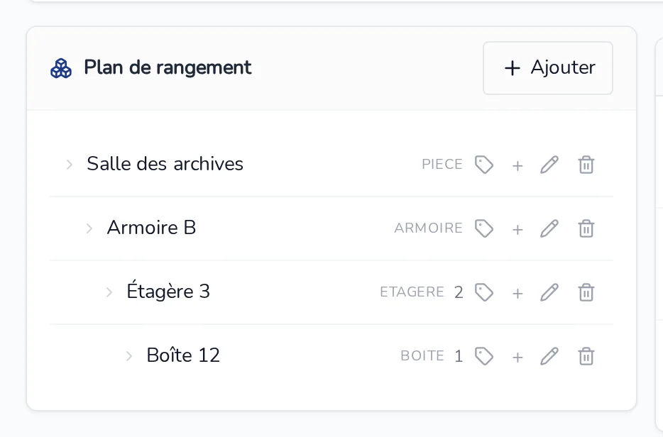 Plan de rangement : Salle des archives, Armoire B, Étagère 3, Boîte 12, chacun avec son type et le nombre de dossiers rangés