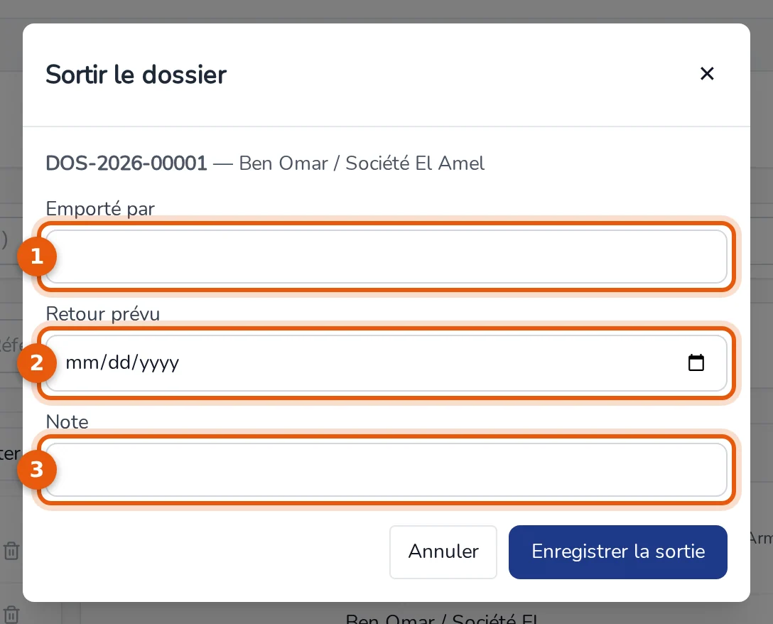 Fenêtre Sortir le dossier : champs Emporté par, Retour prévu et Note