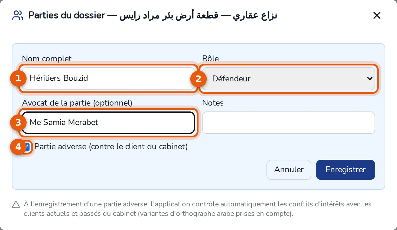 Formulaire d'une partie : nom complet, rôle, avocat de la partie et case Partie adverse numérotés de 1 à 4