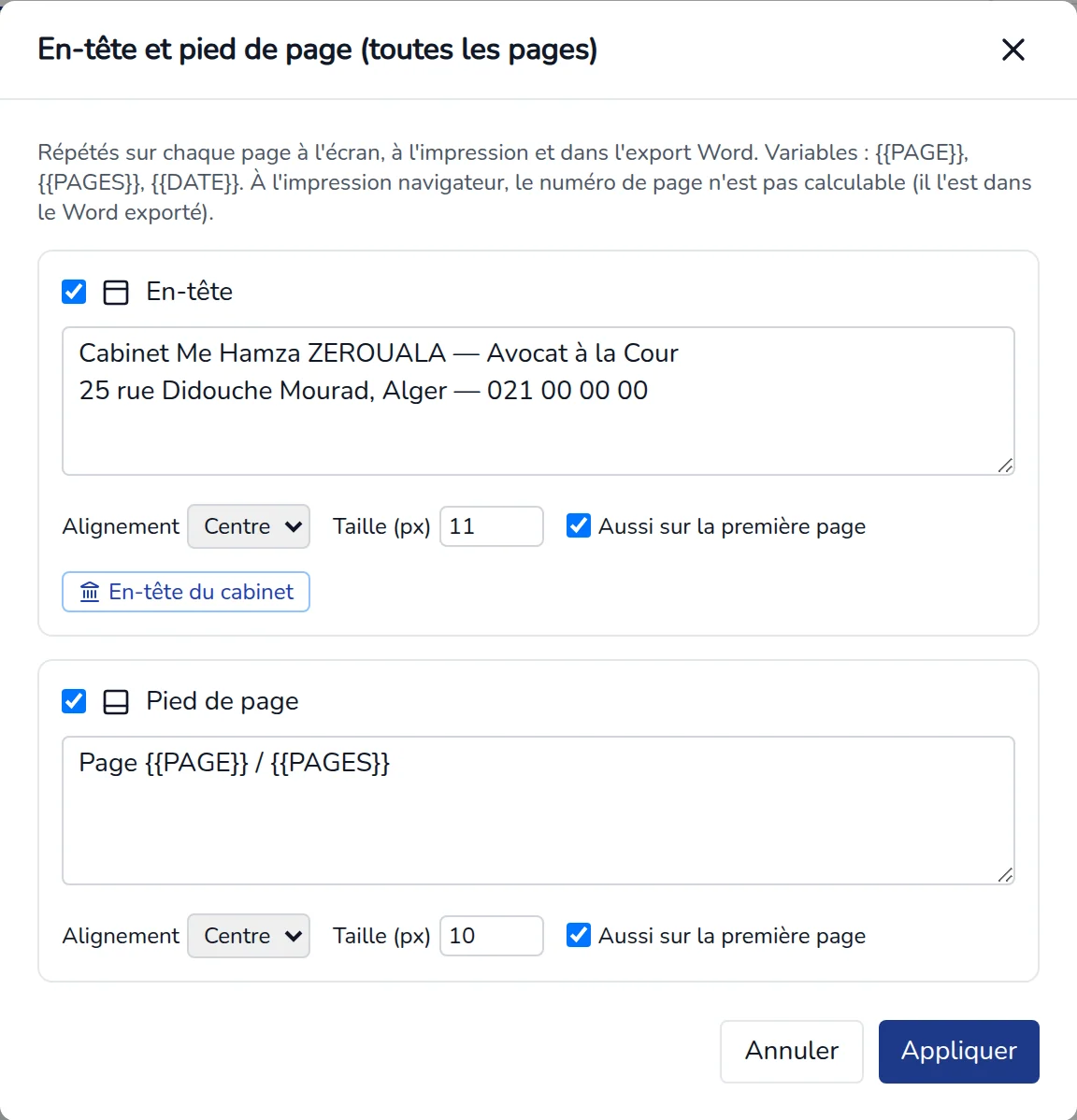 Boîte En-tête et pied de page : texte de l'en-tête avec les coordonnées du cabinet, pied de page avec le numéro de page, alignement, taille et case Aussi sur la première page