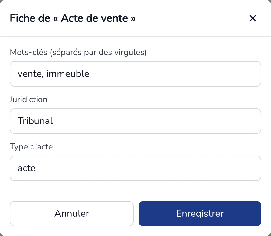Fiche d'un modèle : mots-clés, juridiction et type d'acte