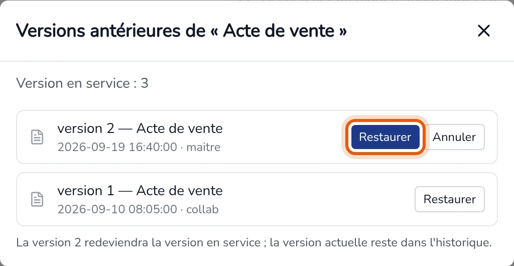 Versions antérieures d'un modèle : version en service, liste des versions et confirmation de la restauration