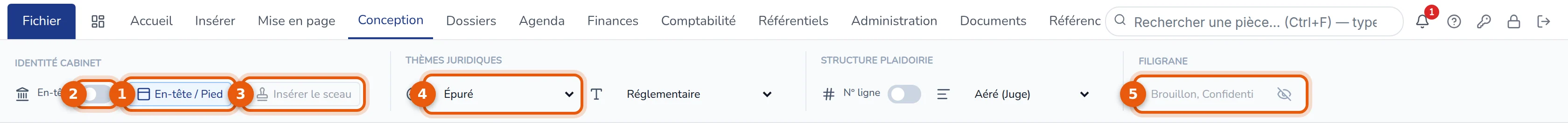 Ruban Conception : bouton En-tête / Pied, interrupteur En-tête, bouton Insérer le sceau, thème du document et filigrane numérotés de 1 à 5