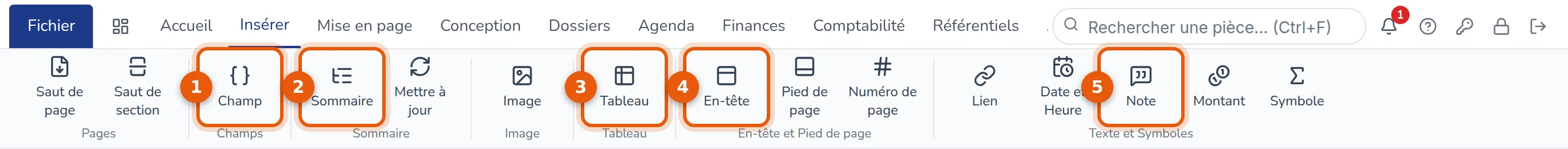 Ruban Insérer : Champ, Sommaire, Tableau, En-tête et Note numérotés de 1 à 5