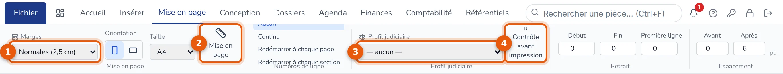 Ruban Mise en page : marges, bouton Mise en page, profil judiciaire et contrôle avant impression numérotés de 1 à 4