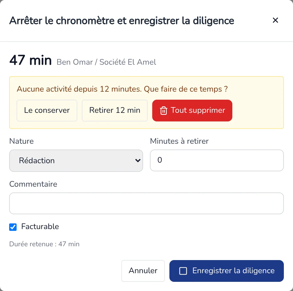 Fenêtre Arrêter le chronomètre et enregistrer la diligence, avec la question sur l'inactivité