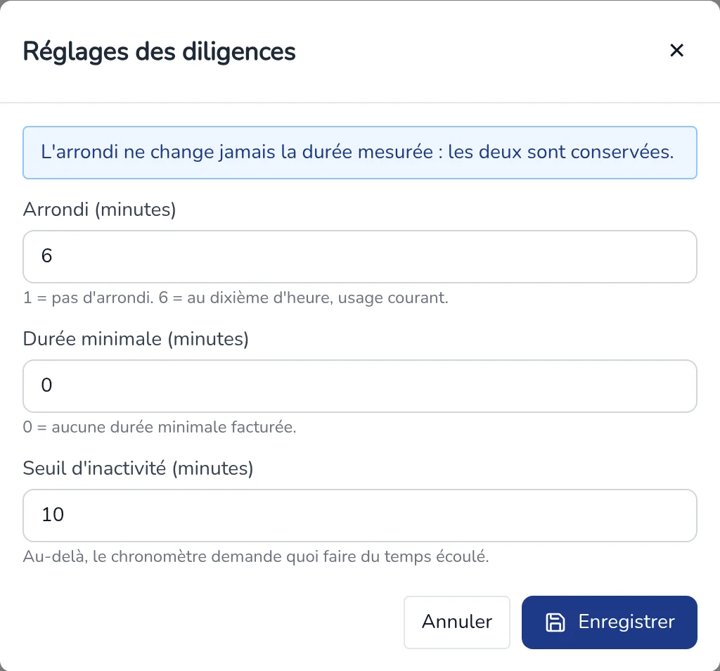 Fenêtre Réglages des diligences : arrondi, durée minimale et seuil d'inactivité