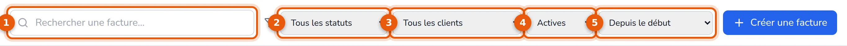 Barre de recherche et de filtres du registre des factures, numérotée de 1 à 5