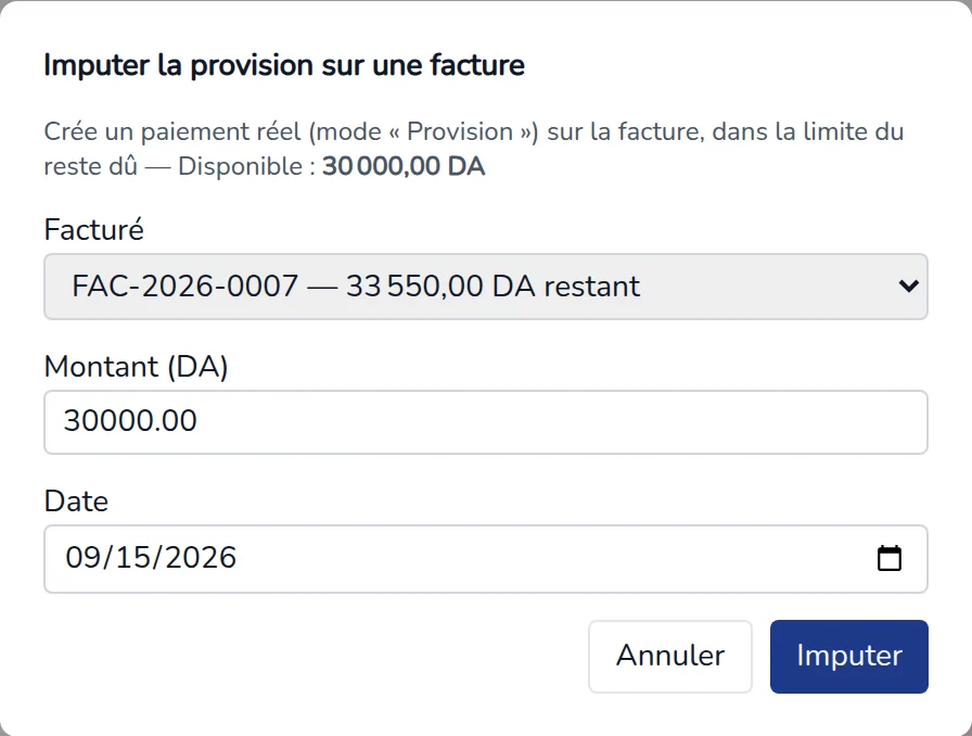 Fenêtre Imputer la provision sur une facture : la facture, le montant et la date