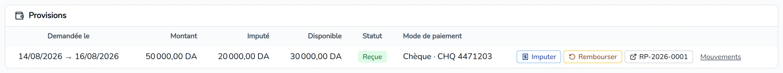 Ligne d'une provision reçue : boutons Imputer, Rembourser, référence du reçu et lien Mouvements