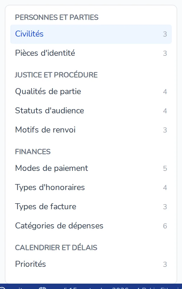 Volet des domaines, groupés par thème, avec le nombre d'entrées de chacun
