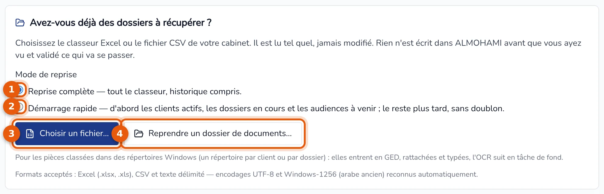 Bloc de départ : Reprise complète, Démarrage rapide, Choisir un fichier et Reprendre un dossier de documents numérotés de 1 à 4