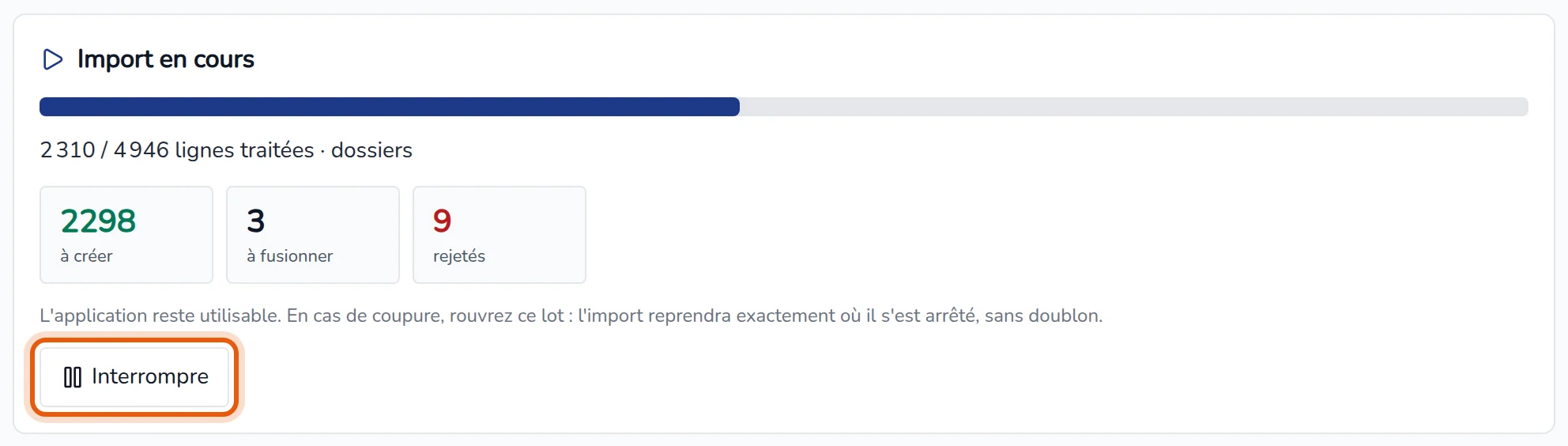 Import en cours : barre de progression, lignes traitées, compteurs et bouton Interrompre