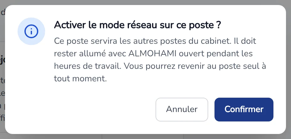 Fenêtre de confirmation Activer le mode réseau sur ce poste ?