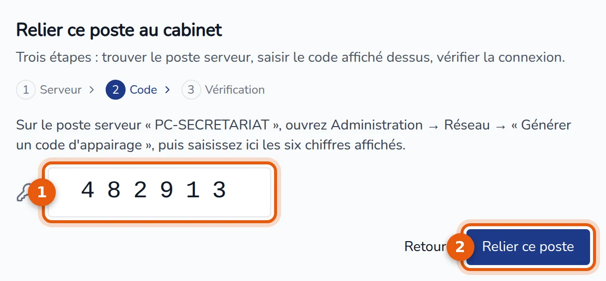 Assistant, étape Code : champ du code à six chiffres et bouton Relier ce poste numérotés 1 et 2