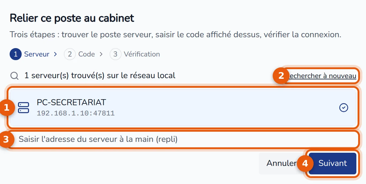 Assistant, étape Serveur : serveur trouvé, Rechercher à nouveau, saisie manuelle de l'adresse et bouton Suivant numérotés de 1 à 4