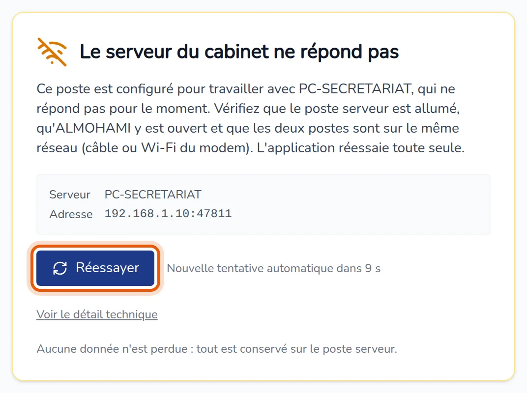 Écran Le serveur du cabinet ne répond pas : serveur, adresse, bouton Réessayer et tentative automatique